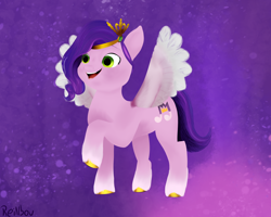 Size: 2500x2000 | Tagged: safe, artist:reinbou, pipp petals, pegasus, pony, g5, adorapipp, backwards cutie mark, cute, female, happy, headband, high res, mare, open mouth, open smile, purple background, raised hoof, simple background, smiling, solo, spread wings, unshorn fetlocks, wings