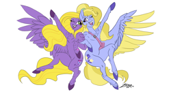 Size: 2000x1125 | Tagged: safe, artist:zubirus, fifi (g5), oc, oc:minty treble, pegasus, pony, g3, g5, bag, canon x oc, digital art, digital drawing, duo, duo female, female, flying, generation leap, happy, holding arms, mailbag, mare, one eye closed, pegasus oc, simple background, white background, wink