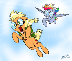 Size: 1400x1200 | Tagged: safe, artist:mellodillo, applejack, rainbow dash, earth pony, pegasus, pony, g4, commission, falling, goggles, grin, parachute, screaming, sky, skydiving, smiling