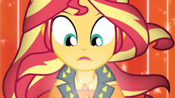 Size: 3410x1920 | Tagged: safe, screencap, sunset shimmer, human, equestria girls, equestria girls specials, g4, my little pony equestria girls: better together, my little pony equestria girls: forgotten friendship, clothes, cutie mark on clothes, female, geode of empathy, high res, jewelry, leather, leather vest, magical geodes, necklace, open mouth, solo, transformation, vest