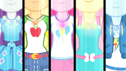 Size: 3410x1920 | Tagged: safe, screencap, applejack, fluttershy, pinkie pie, rainbow dash, rarity, human, equestria girls, equestria girls specials, g4, my little pony equestria girls: better together, my little pony equestria girls: forgotten friendship, belt, boobshot, breasts, clothes, cutie mark, cutie mark on clothes, denim, denim skirt, faceless female, female, geode of fauna, geode of shielding, geode of sugar bombs, geode of super speed, geode of super strength, high res, hoodie, humane five, jewelry, magical geodes, necklace, offscreen character, pictures of chests, pink hair, png, purple hair, rarity peplum dress, red hair, shirt, skirt, smiling, t-shirt, tank top, transformation, yellow hair