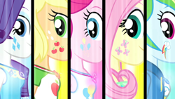 Size: 3410x1920 | Tagged: safe, screencap, applejack, fluttershy, pinkie pie, rainbow dash, rarity, human, equestria girls, equestria girls series, forgotten friendship, alternative cutie mark placement, awesome cutie mark, breasts, clothes, cute, cutie mark, cutie mark on clothes, cutie mark on equestria girl, facial cutie mark, female, geode of fauna, geode of shielding, geode of sugar bombs, geode of super speed, geode of super strength, happy, high res, hoodie, humane five, jewelry, looking at you, magical geodes, necklace, png, rarity peplum dress, side view, smiling, tanktop, transformation