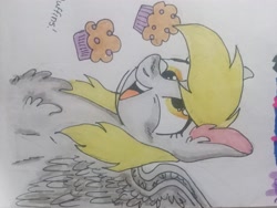 Size: 4160x3120 | Tagged: safe, artist:4agonism, derpy hooves, pegasus, pony, g4, bust, chest fluff, cross-eyed, cute, derp, derpabetes, ear fluff, female, food, irl, mare, muffin, photo, sideways image, solo, spread wings, traditional art, wings