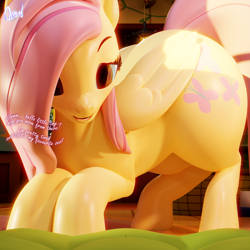 Size: 2048x2048 | Tagged: safe, artist:quicktimepony, part of a set, fluttershy, pegasus, pony, g4, 3d, alternate hairstyle, blender, butt, cottage, dialogue, high res, huge butt, large butt, looking down, micro, plot, signature, size difference, thick, wings