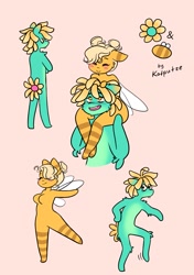 Size: 1443x2048 | Tagged: safe, artist:katputze, oc, oc:bee, oc:flower, bee pony, earth pony, original species, anthro, blush sticker, blushing, breasts, duo, duo male and female, eyes closed, featureless breasts, female, hug, male, mare, oc x oc, open mouth, open smile, pink background, shipping, shoulder ride, simple background, smiling, stallion, straight, tooth gap