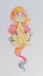 Size: 1233x2160 | Tagged: safe, artist:amishy, oc, oc only, oc:sheron, pony, unicorn, :c, colored pencil drawing, female, floppy ears, frown, gradient mane, looking up, mare, sitting, solo, traditional art