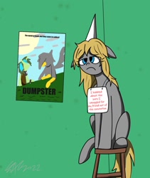 Size: 1240x1466 | Tagged: safe, artist:derpanater, artist:derpanater1, oc, oc only, oc:gray star, pony, unicorn, dunce hat, hat, misery, pony shaming, sign
