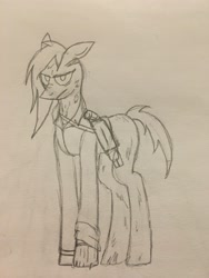 Size: 3024x4032 | Tagged: safe, artist:derpanater, oc, oc only, oc:east 13, earth pony, ghoul, pony, undead, fallout equestria, clothes, gun, jacket, shotgun, solo, traditional art, weapon
