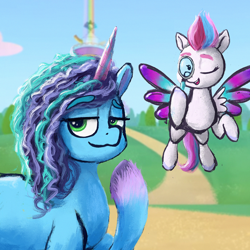 Size: 2000x2000 | Tagged: safe, artist:phutashi, misty brightdawn, zipp storm, pegasus, pony, unicorn, g5, crystal brighthouse, duo, female, flying, high res, looking at you, magnifying glass, mare, one eye closed, smiling, smiling at you, smug, spread wings, unshorn fetlocks, wings