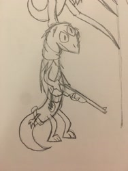 Size: 3024x4032 | Tagged: safe, artist:derpanater, reptile, fallout equestria, bandolier, clothes, gun, klugetown, klugetowner, mutant, rifle, solo, third eye, traditional art, weapon