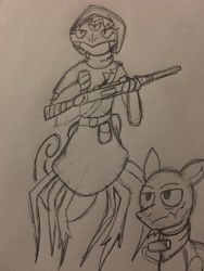 Size: 3024x4032 | Tagged: safe, artist:derpanater, reptile, fallout equestria, clothes, gun, hood, klugetown, klugetowner, mutant, rifle, third eye, traditional art, weapon