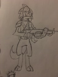 Size: 3024x4032 | Tagged: safe, artist:derpanater, reptile, fallout equestria, bandolier, clothes, gun, klugetown, klugetowner, mutant, rifle, solo, tentacles, traditional art, weapon