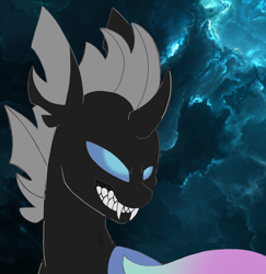 Size: 2300x2364 | Tagged: safe, artist:princess amity, derpibooru exclusive, oc, oc only, oc:identity crisis, changeling, bust, changeling oc, cloud, cloudy, fangs, grin, high res, night, night sky, sharp teeth, sky, smiling, solo, teeth