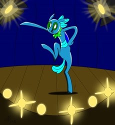 Size: 1600x1737 | Tagged: safe, artist:derpanater, oc, oc only, oc:bowtie, changedling, changeling, bowtie, dancing, lights, stage