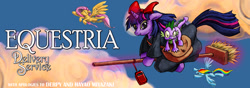 Size: 1000x350 | Tagged: safe, alternate version, artist:harwick, fluttershy, rainbow dash, spike, twilight sparkle, dragon, pegasus, pony, unicorn, equestria daily, g4, 2011, bow, broom, crossover, dragons riding ponies, female, flying, flying broomstick, hair bow, kiki's delivery service, male, mare, old art, riding, spike riding twilight, studio ghibli