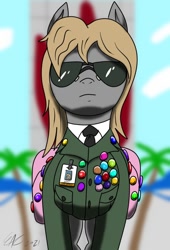 Size: 798x1176 | Tagged: safe, artist:derpanater, oc, oc only, oc:gray star, earth pony, pony, aviator sunglasses, badge, bags, clothes, glasses, military uniform, necktie, pins, suit, sunglasses, uniform