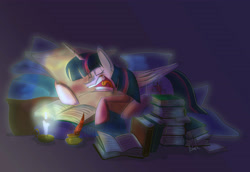 Size: 4800x3300 | Tagged: safe, artist:mad munchkin, twilight sparkle, alicorn, pony, g4, book, candle, candlelight, female, high res, inkwell, mare, open mouth, pillow, pillow nest, quill, sleeping, snoring, solo, twilight sparkle (alicorn)