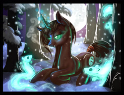 Size: 1800x1379 | Tagged: safe, artist:harwick, oc, oc only, oc:grimhollow, pony, squirrel, unicorn, 2014, breath, eye mist, forest, glowing, glowing eyes, horn, jagged horn, kneeling, lying down, old art, pentagram, prone, snow, solo, spirit, tail, tail wrap, winter