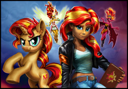 Size: 1556x1080 | Tagged: safe, alternate version, artist:harwick, sunset shimmer, pony, unicorn, equestria girls, g4, 2017, angry, belly button, belt, clothes, daydream shimmer, face paint, female, floating, jacket, journal, leather, leather jacket, looking at you, midriff, old art, open mouth, pants, self paradox, self ponidox, solo, sunset satan, sunset's conscience