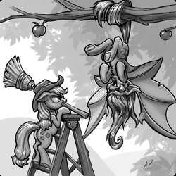 Size: 1000x1000 | Tagged: safe, artist:harwick, applejack, fluttershy, bat pony, earth pony, pony, g4, 2018, apple, apple tree, atg 2018, bat ponified, broom, fangs, flutterbat, grayscale, hanging, hanging upside down, monochrome, mouth hold, newbie artist training grounds, old art, open mouth, prehensile tail, race swap, snarling, stepladder, tail, tree, tree branch, upside down
