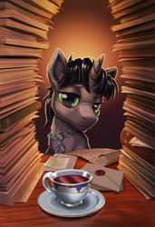 Size: 2399x3500 | Tagged: safe, artist:harwick, oc, oc only, oc:dotted line, pony, unicorn, fanfic:tales from the civil service, 2019, bust, commission, cup, fanfic art, food, high res, horn, letter, male, old art, paperwork, pile of books, solo, stallion, tea, teacup, unicorn oc, wax seal