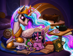 Size: 1400x1082 | Tagged: safe, artist:harwick, princess celestia, spike, twilight sparkle, alicorn, dragon, pony, unicorn, g4, baby, baby dragon, book, castle, color porn, crown, cup, cute, cutelestia, feather, female, filly, filly twilight sparkle, fireplace, foal, folded wings, food, hoof shoes, horn, indoors, jewelry, log, looking at each other, looking at someone, male, mare, momlestia, open book, open mouth, peytral, princess shoes, quill, regalia, scroll, smiling, spikabetes, tea, teacup, teapot, trio, twiabetes, unicorn twilight, wings, wood, younger