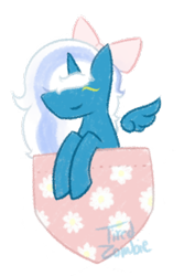 Size: 400x600 | Tagged: safe, artist:tiredzombi, oc, oc:fleurbelle, alicorn, pony, alicorn oc, bow, female, hair bow, horn, mare, pocket, simple background, smiling, solo, transparent background, wings