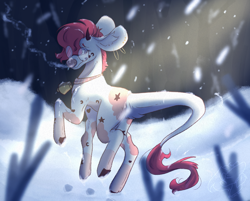 Size: 1908x1536 | Tagged: safe, artist:thelazyponyy, oc, oc only, pony, bell, bell collar, collar, glasses, horns, leonine tail, outdoors, snow, snowfall, solo, tail