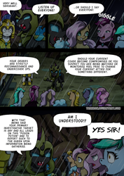 Size: 2408x3400 | Tagged: safe, artist:tarkron, oc, changeling, earth pony, hybrid, pegasus, pony, undead, unicorn, comic:fusing the fusions, comic:time of the fusions, armor, butt, carapace, changeling oc, clothes, comic, commissioner:bigonionbean, dialogue, female, filly, foal, friendship express, guard, hat, high res, horn, lightning, magic, male, mare, open mouth, plot, rain, royal guard, royal guard armor, soldier, soldier pony, stallion, storm, tail, train, wings, writer:bigonionbean