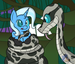 Size: 7000x6000 | Tagged: safe, artist:lunahazacookie, trixie, serpent, snake, unicorn, anthro, g4, breasts, cleavage, coiling, coils, duo, female, forked tongue, horn, hypno eyes, hypnosis, hypnotized, kaa (2016), kaa eyes, mare, open mouth, slit pupils, tongue out, unicorn horn