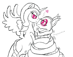 Size: 8000x6325 | Tagged: safe, artist:lunahazacookie, oc, oc only, oc:nora, alicorn, lamia, original species, pony, bedroom eyes, boop, coils, female, heart, hypno eyes, hypnosis, hypnotized, kaa eyes, lineart, looking at each other, looking at someone, looking into each others eyes, male, mare, noseboop, oc x oc, shipping, stallion, wrapped up