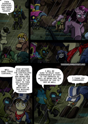 Size: 2408x3400 | Tagged: safe, artist:tarkron, steamer, oc, changeling, earth pony, hybrid, pegasus, pony, undead, unicorn, comic:fusing the fusions, comic:time of the fusions, g4, armor, bowing, butt, carapace, changeling oc, clothes, comic, commissioner:bigonionbean, dialogue, female, friendship express, galloping, guard, hat, high res, horn, lightning, locomotive, magic, male, mare, open mouth, plot, rain, royal guard, royal guard armor, soldier, soldier pony, stallion, steam engine, steam locomotive, storm, tail, train, wings, writer:bigonionbean