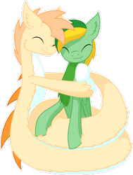 Size: 2128x2818 | Tagged: safe, artist:emc-blingds, oc, oc only, oc:orange fluff, lamia, original species, pegasus, pony, coils, duo, ear fluff, eyes closed, high res, hug, pegasus oc, simple background, smiling, transparent background, wings
