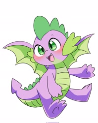 Size: 1619x2048 | Tagged: safe, artist:leo19969525, spike, dragon, g4, blushing, cute, cute little fangs, fangs, flying, green eyes, happy, male, open mouth, open smile, simple background, smiling, solo, spikabetes, spread wings, white background, winged spike, wings