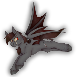 Size: 2300x2300 | Tagged: safe, artist:molars, oc, oc only, bat pony, bat wings, commission, dynamic pose, fallout equestria oc, fangs, grey fur, high res, red eyes, simple background, smiling, solo, transparent background, unshorn fetlocks, wings