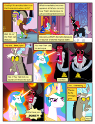 Size: 612x792 | Tagged: safe, edit, edited screencap, screencap, discord, lord tirek, princess cadance, princess celestia, princess luna, alicorn, centaur, draconequus, pony, taur, comic:friendship is dragons, g4, twilight's kingdom, comic, eyelashes, female, frown, indoors, jewelry, male, mare, nose piercing, nose ring, piercing, screencap comic, tiara