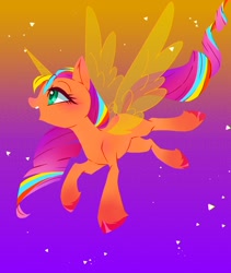 Size: 1600x1900 | Tagged: safe, artist:stacy_165cut, sunny starscout, alicorn, earth pony, pony, g5, my little pony: a new generation, artificial horn, artificial wings, augmented, female, gradient background, horn, magic, magic horn, magic wings, mane stripe sunny, mare, open mouth, profile, race swap, solo, spread wings, sunnycorn, wings