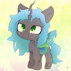 Size: 4096x4096 | Tagged: safe, artist:zokkili, queen chrysalis, changeling, changeling queen, g4, abstract background, absurd resolution, cute, cutealis, female, filly, filly queen chrysalis, foal, horn, solo, starry eyes, wingding eyes, wings, younger