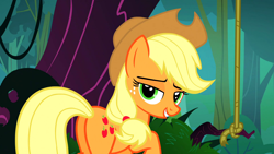 Size: 1920x1080 | Tagged: safe, screencap, applejack, earth pony, pony, season 3, spike at your service, 1080p, applebutt, applejack's hat, bedroom eyes, butt, cowboy hat, female, hat, looking at you, mare, out of context, plot, rope, seductive look, smiling, smiling at you, solo, stupid sexy applejack