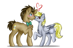 Size: 1280x837 | Tagged: safe, artist:derpymuffins12, derpy hooves, doctor whooves, time turner, earth pony, pegasus, pony, g4, blushing, cheek kiss, chest fluff, duo, duo male and female, eyes closed, female, heart, kissing, male, mare, one eye closed, outline, raised hoof, raised leg, ship:doctorderpy, shipping, simple background, stallion, straight, transparent background, white outline