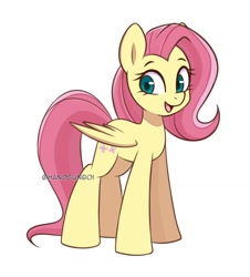 Size: 1357x1502 | Tagged: safe, artist:handgunboi, fluttershy, pegasus, pony, g4, aside glance, cute, female, looking at you, mare, open mouth, open smile, shyabetes, simple background, smiling, solo, standing, three quarter view, white background, wings