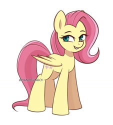 Size: 1357x1502 | Tagged: safe, alternate version, artist:handgunboi, fluttershy, pegasus, pony, g4, aside glance, female, lidded eyes, looking at you, mare, simple background, smiling, solo, standing, three quarter view, white background, wings