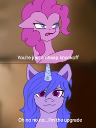 Size: 1536x2048 | Tagged: safe, artist:andley, izzy moonbow, pinkie pie, earth pony, pony, unicorn, g5, 2 panel comic, comic, dialogue, female, homelander, mare, meme, pointing, soldier boy, the boys