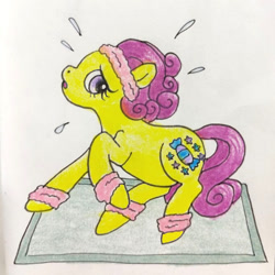 Size: 864x864 | Tagged: safe, artist:mintytreble, bon bon (g1), earth pony, pony, g1, my little pony tales, exercise, female, solo, sweatband, traditional art