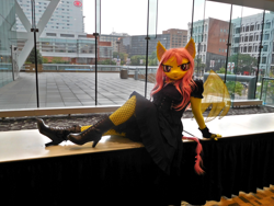 Size: 4608x3456 | Tagged: safe, artist:bramble bunny, fluttershy, bat pony, anthro, bronycon, bronycon 2018, g4, bat ponified, boots, clothes, cosplay, costume, fishnet stockings, flutterbat, high heel boots, irl, photo, race swap, shoes