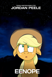 Size: 1080x1600 | Tagged: safe, artist:niteax, applejack, earth pony, pony, g4, eenope, female, floppy ears, mare, movie poster, nope, nope (movie), solo, text