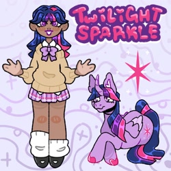 Size: 1440x1440 | Tagged: safe, artist:dreamytails, twilight sparkle, alicorn, human, pony, g4, alternate hairstyle, blushing, bowtie, clothes, curved horn, cute, dark skin, female, flats, grin, horn, human ponidox, humanized, lipstick, makeup, mare, self paradox, self ponidox, shirt, shoes, smiling, socks, solo, sweater, twiabetes, twilight sparkle (alicorn), unshorn fetlocks