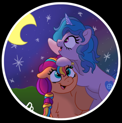 Size: 1905x1929 | Tagged: safe, artist:doodledonutart, izzy moonbow, sunny starscout, earth pony, pony, unicorn, g5, duo, duo female, female, mare, moon, night, open mouth, open smile, pointing, rainbow, reaching, smiling, starry sky, stars