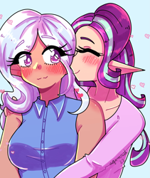 Size: 2115x2511 | Tagged: safe, artist:mylittleyuri, starlight glimmer, trixie, human, g4, :3, blue background, blushing, breasts, clothes, duo, elf ears, eyes closed, female, heart, high res, horn, horned humanization, hug, humanized, lesbian, moderate dark skin, ship:startrix, shipping, shirt, simple background, sleeveless, smiling, wavy mouth