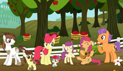 Size: 3001x1745 | Tagged: safe, artist:lillyleaf101, apple bloom, pipsqueak, tender taps, oc, oc:apple seedling, oc:jazz apple, oc:little buck, oc:orchard dancer, earth pony, pony, g4, ^^, baby, baby pony, colt, eyes closed, female, filly, foal, guitar, male, mare, musical instrument, offspring, older, parent:apple bloom, parent:pipsqueak, parent:tender taps, parents:pipbloom, parents:tenderbloom, ship:pipbloom, shipping, straight, tenderbloom